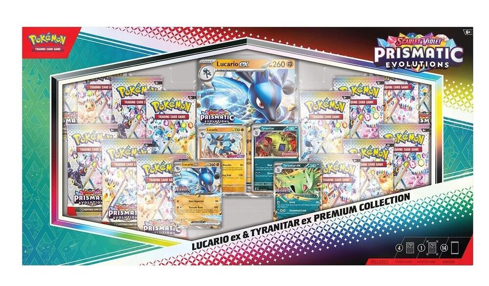Pokemon TCG Scarlet & Violet Prismatic Evolutions Lucario ex & Tyranitar ex Premium Collection Box - 14 Packs