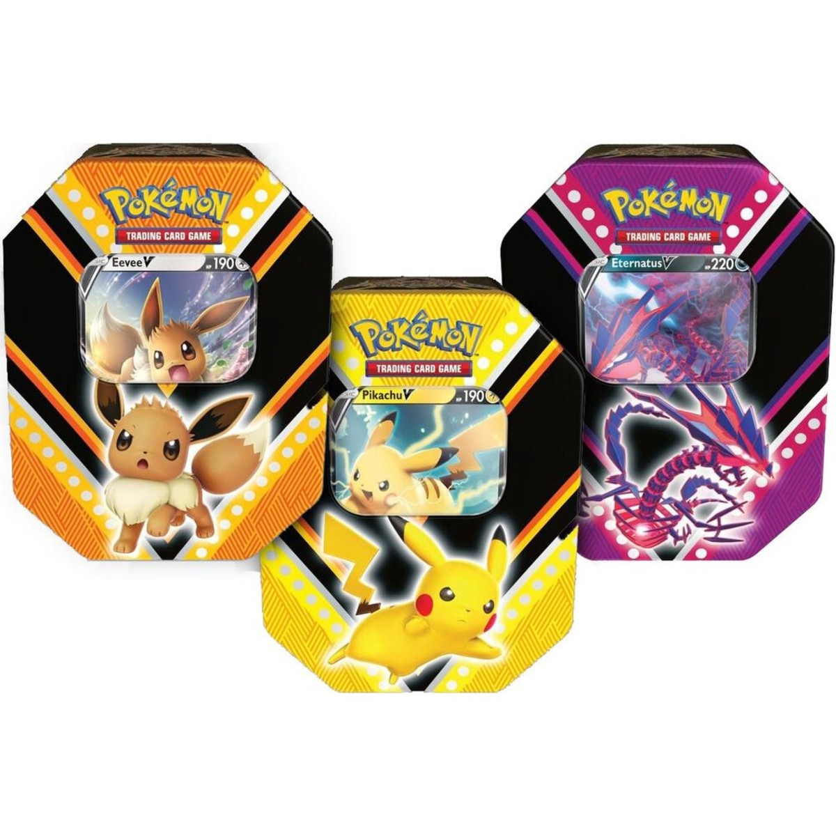 Pokémon TCG V Powers Eevee V/Pikachu V/Eternatus V Tin 3x Lot (Vertical)