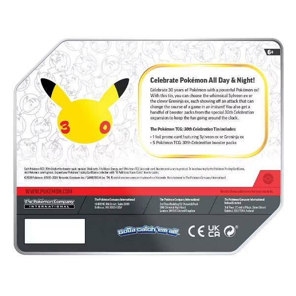 Pokemon Trading Card Game: 30th Celebration Tin (Sylveon or Greninja)- Styles May Vary